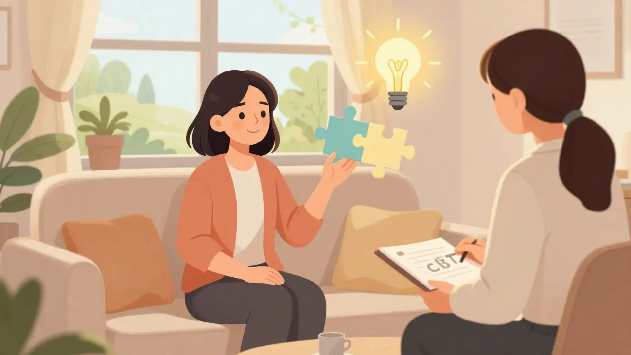 A person in a peaceful setting participating in cognitive behavioral therapy.