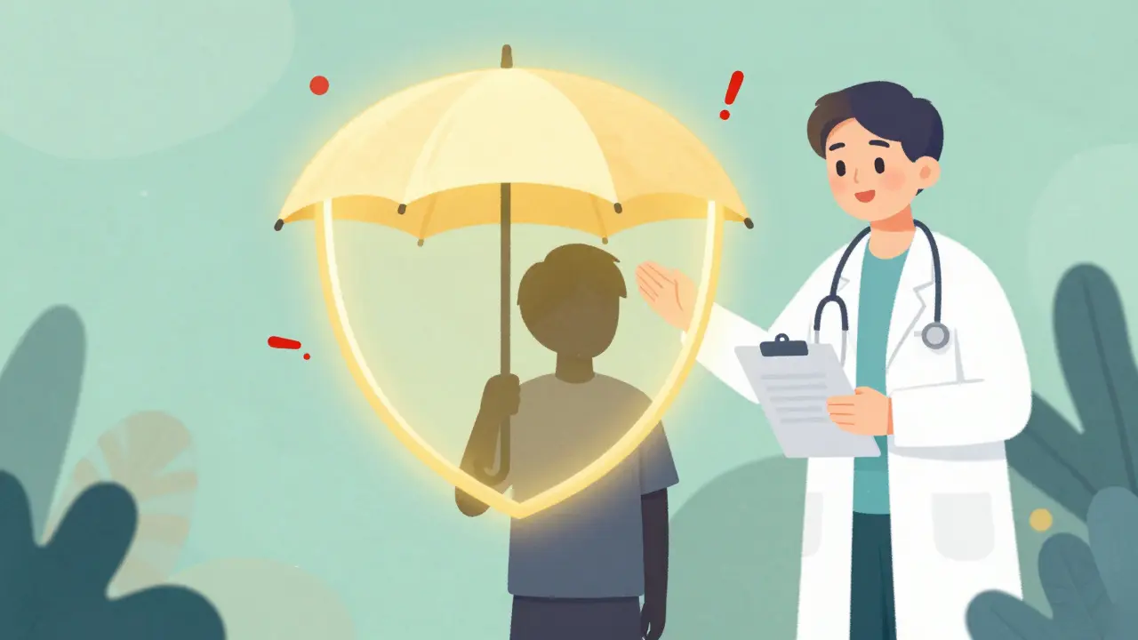A person protected by a glowing shield of safety with a guiding doctor.