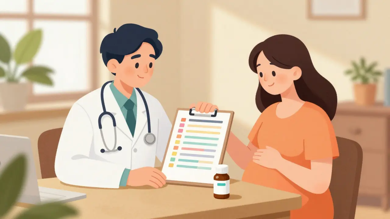 A pregnant woman and doctor discussing a preconception health plan in a cozy office.