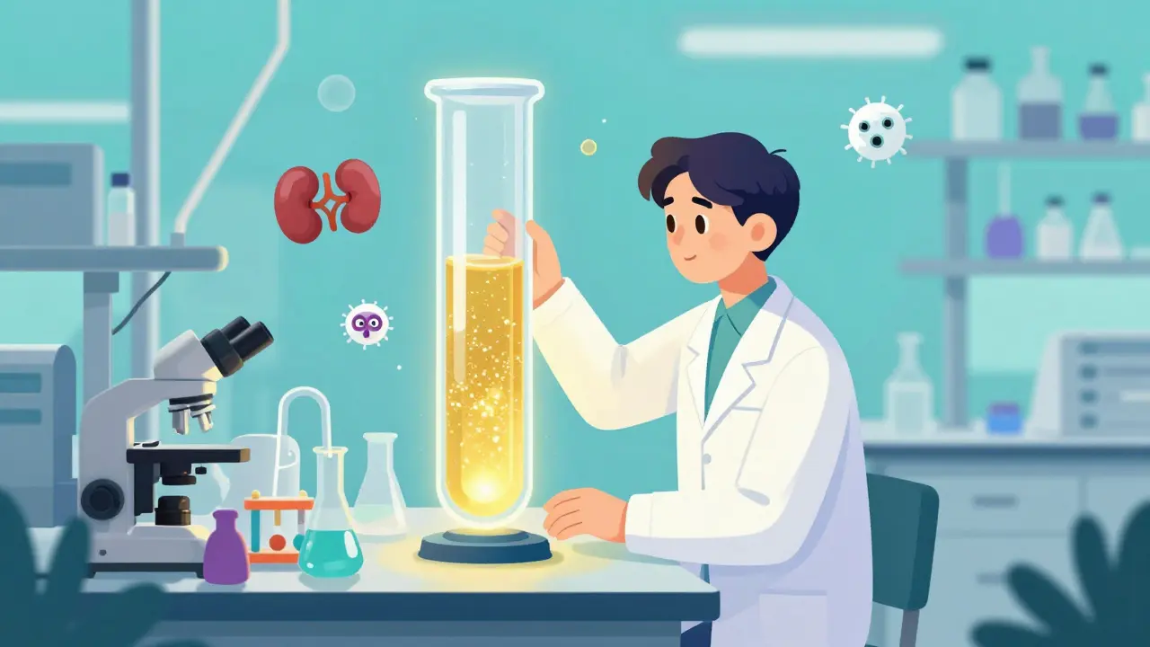 A scientist in a whimsical lab analyzing a glowing sample with floating medical icons.