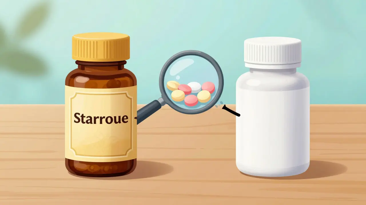 Comparison of brand name and generic medication bottles on a wooden table