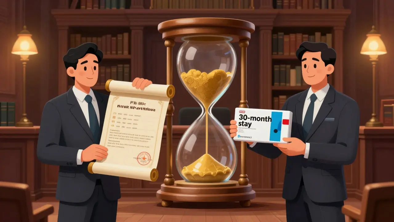 Courtroom scene with a patent scroll and an hourglass symbolizing a legal stay