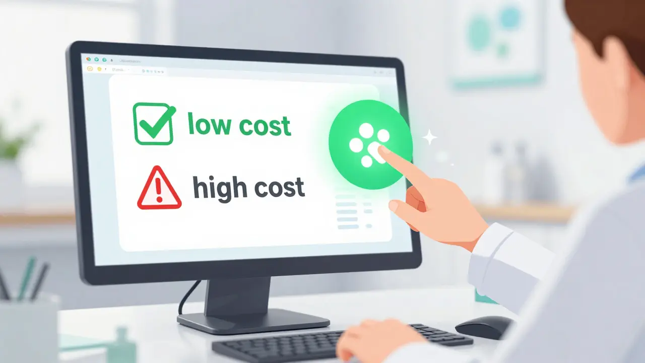 Doctor using a computer system with cost alerts to choose an affordable medication for a patient.