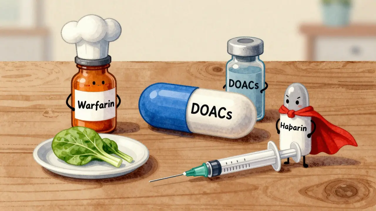 Illustrated characters representing different types of blood thinning medications.