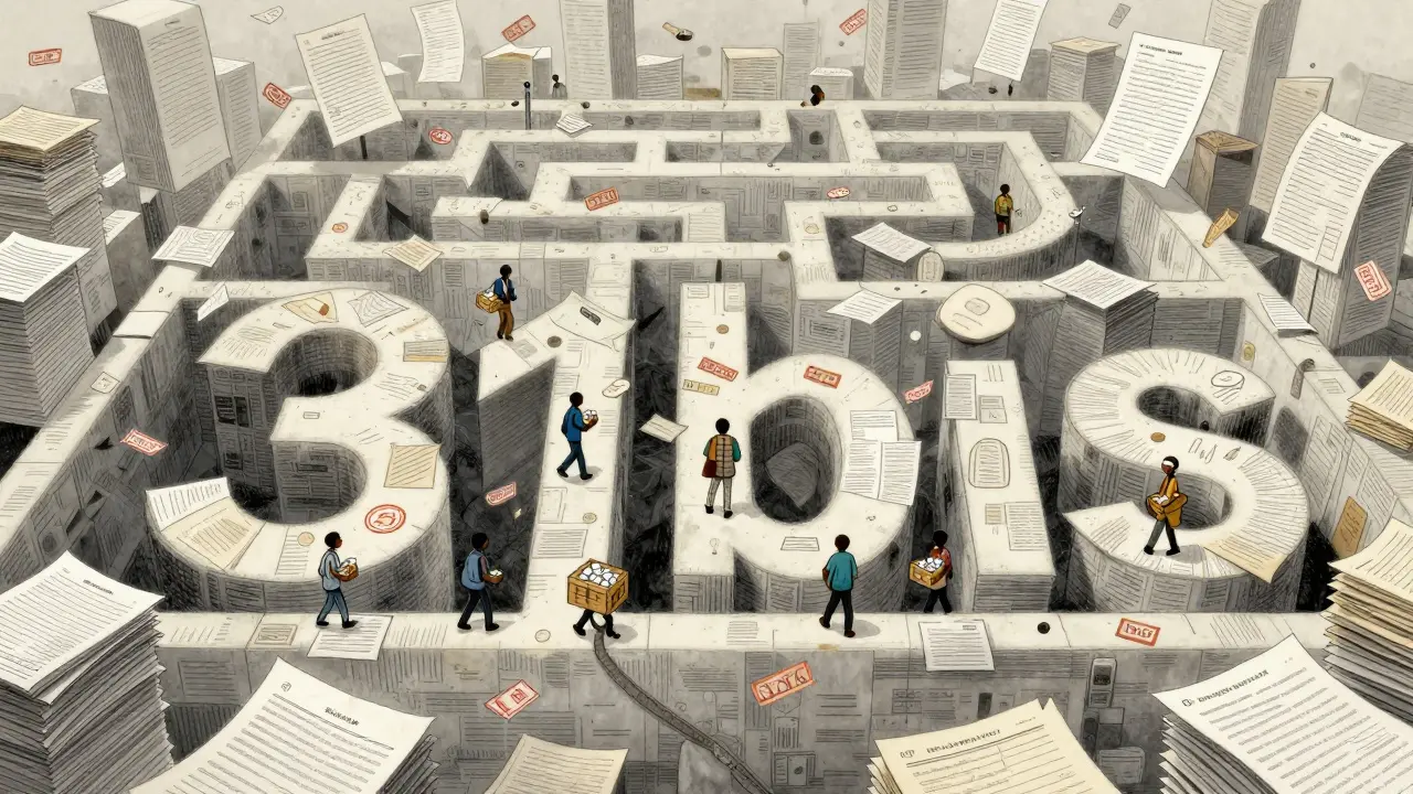 People navigating a giant maze made of paperwork and documents to access medicine.
