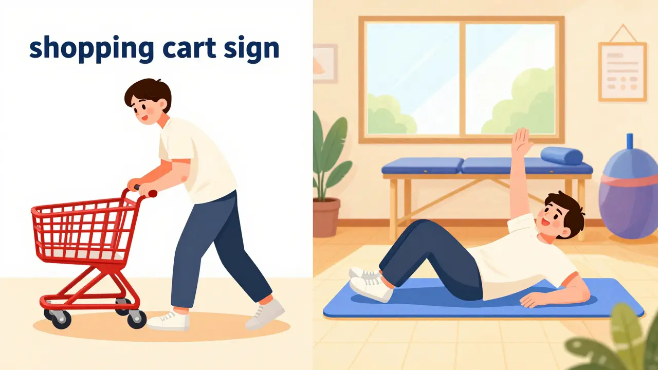 Person using a shopping cart for back support and another practicing core exercises.