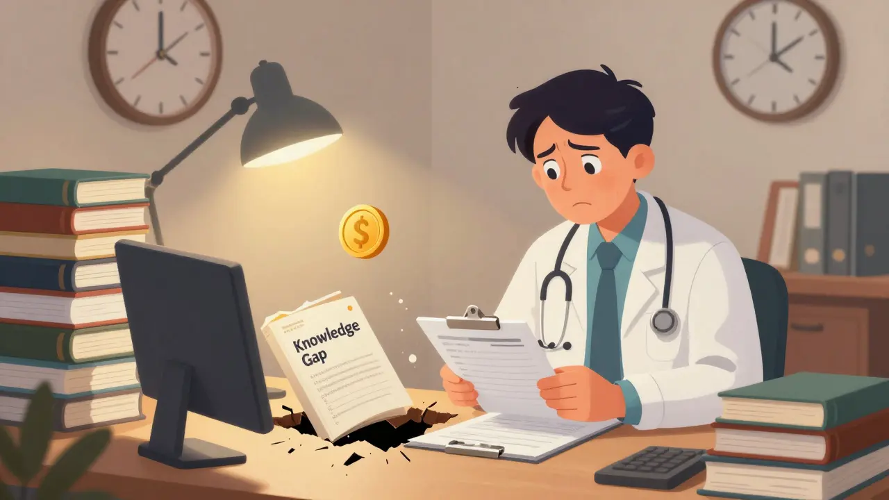 Stressed doctor in a clinic office representing the lack of time and education regarding drug costs.