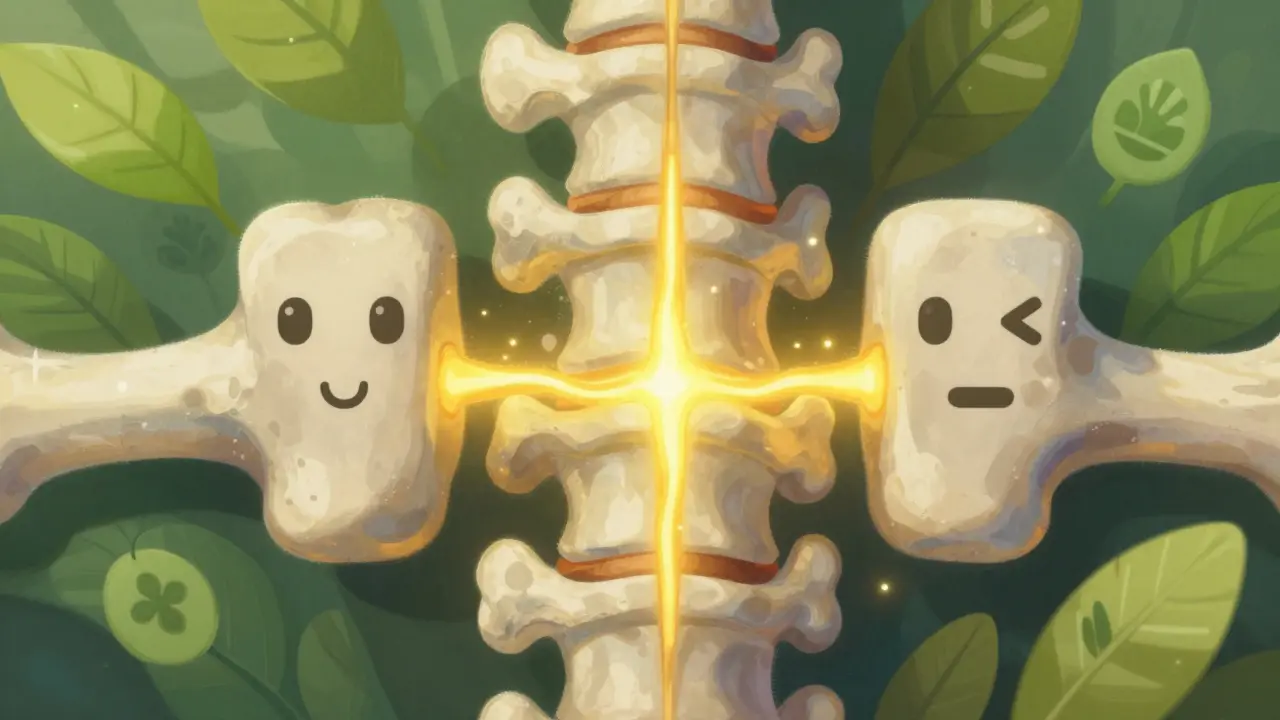 Stylized illustration of two vertebrae being fused together with golden light for stability.